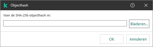 Een venster met een veld voor het invoeren van de hash-som van het object. De gebruiker kan een De gebruiker kan een object selecteren met bestandsbeheer.object selecteren met bestandsbeheer.