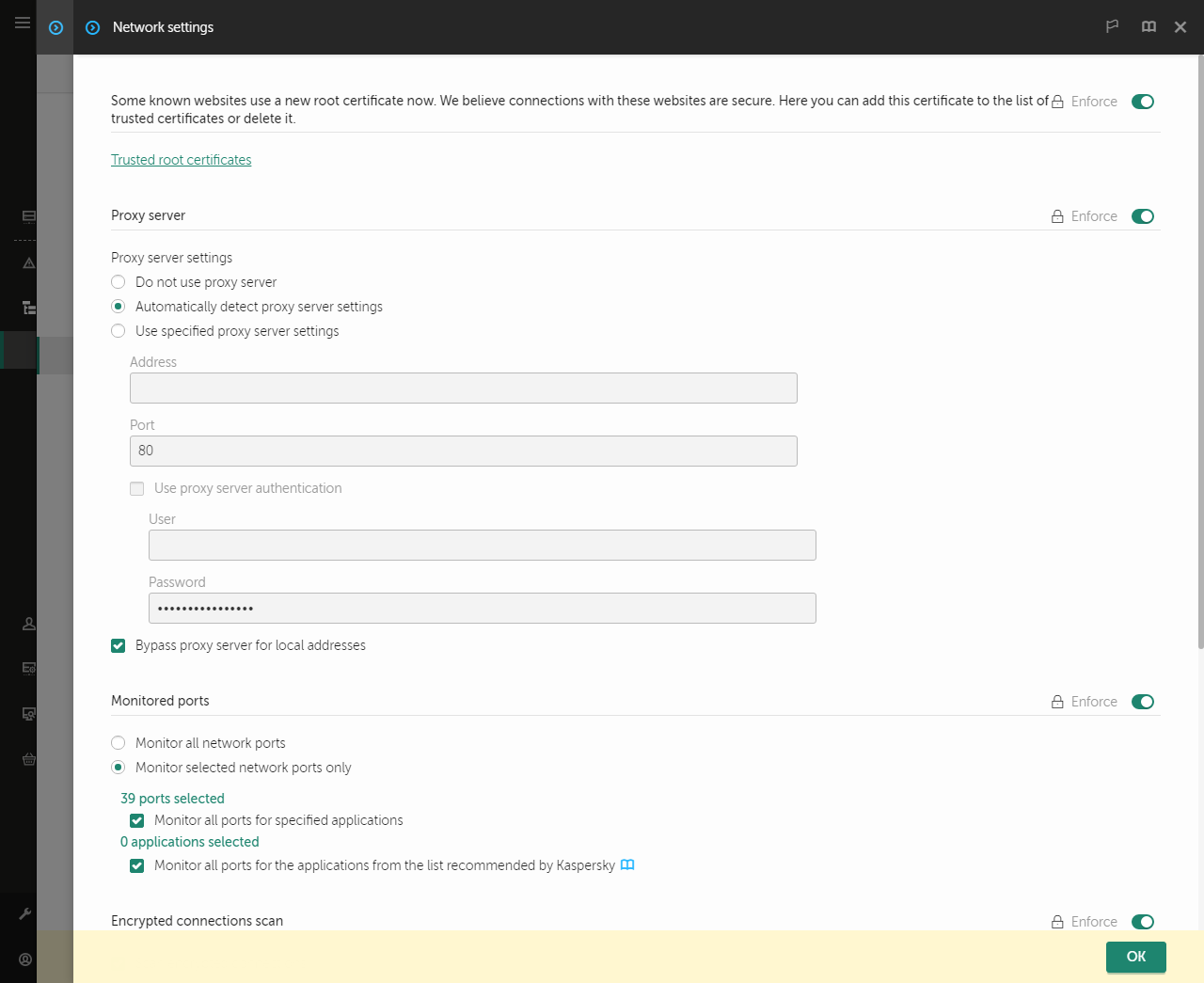 Venster met netwerkinstellingen van het programma. De gebruiker kan proxyserverinstellingen configureren.