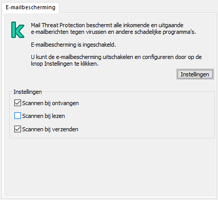 Kaspersky-extensie voor Outlook-venster. De gebruiker kan configureren om berichten te scannen wanneer ze worden ontvangen, gelezen of verzonden.