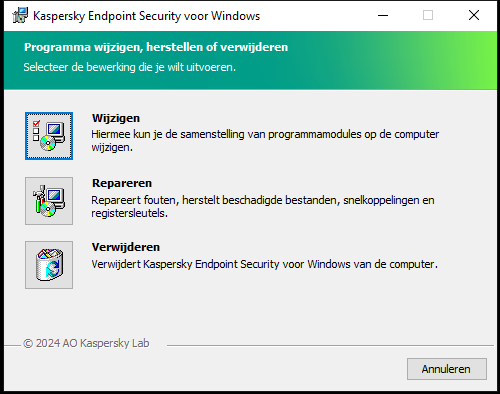 Installatievenster met een lijst met beschikbare bewerkingen: de set componenten wijzigen, het programma herstellen, het programma verwijderen.