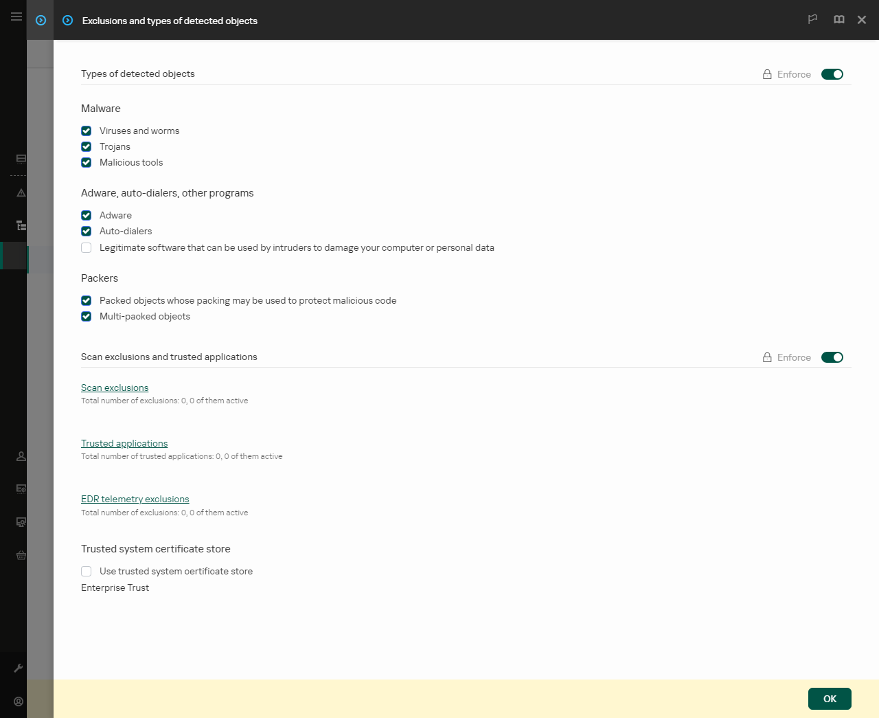 Venster instellingen voor uitzonderingen. De gebruiker kan uitzonderingen en vertrouwde programma's toevoegen.