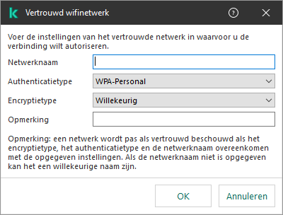 Het venster bevat de instellingen van het vertrouwde wifi-netwerk.