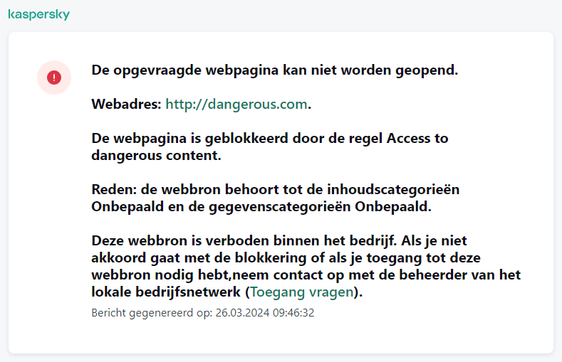 Kaspersky-melding over het blokkeren van de toegang tot de webpagina in het browservenster. De gebruiker kan een verzoek maken om de webbron te openen.