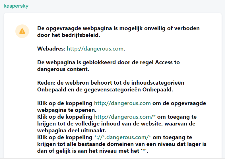 Kaspersky-melding over het bezoeken van een mogelijk onveilige webpagina in het browservenster. De gebruiker kan een verzoek maken om de webbron te openen.