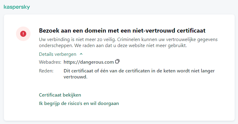 Kaspersky-melding over het bezoeken van een domein met een niet vertrouwd certificaat in het browservenster. De gebruiker kan verderwerken.