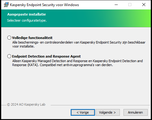 Installatievenster met configuratie van het programma: volledige functionaliteit of Endpoint Detection and Response Agent.