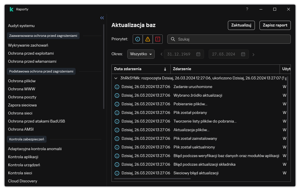 Okno z listą zdarzeń w raporcie. Użytkownik ma możliwość filtrowania/sortowania zdarzeń oraz zapisywania raportów do pliku.