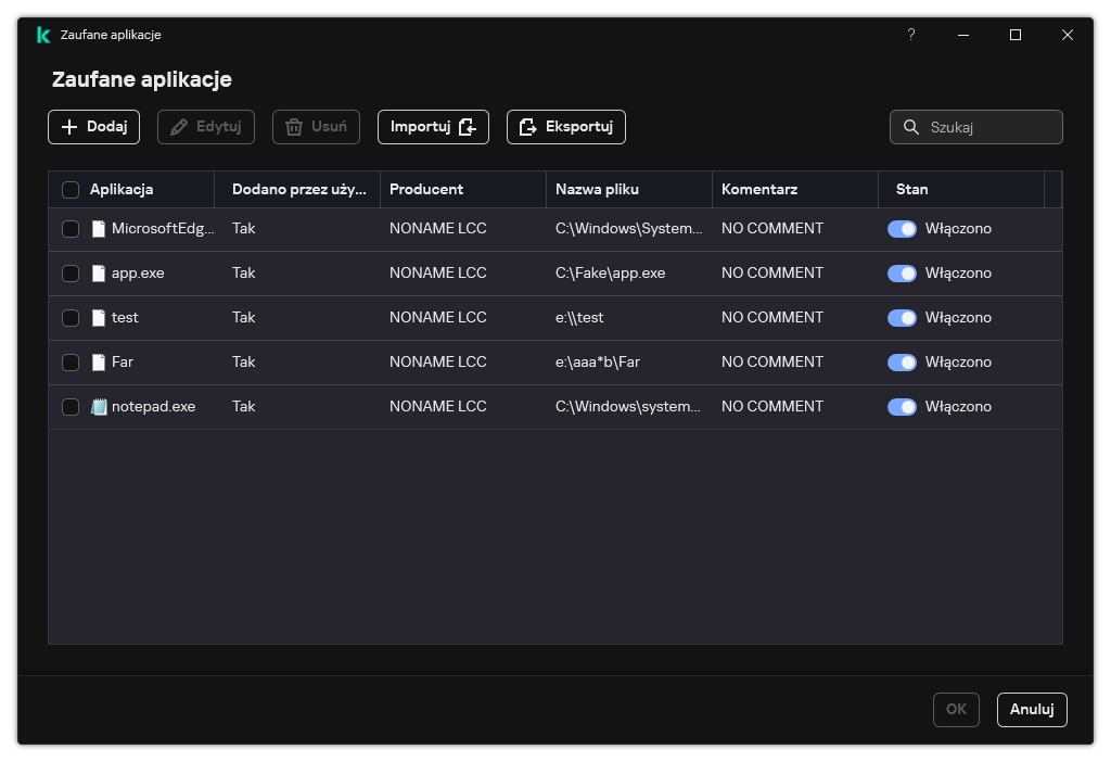 Okno z listą zaufanych aplikacji. Użytkownik może dodawać, edytować lub usuwać zaufaną aplikację.