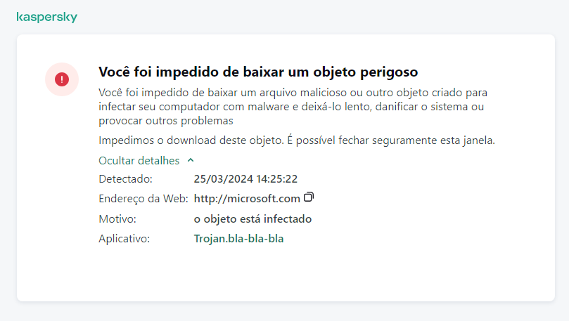 Notificação da Kaspersky sobre impedir que objetos maliciosos sejam carregados na janela do navegador.