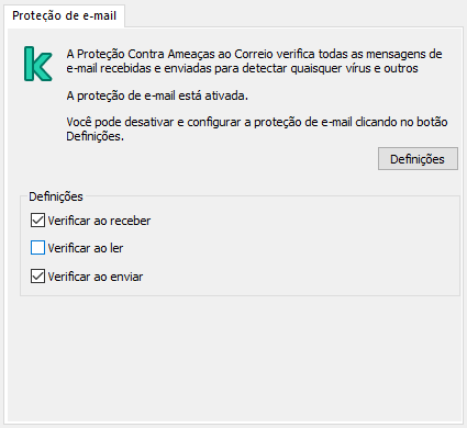 Extensão da Kaspersky para a janela do Outlook. O usuário pode configurar a verificação de mensagens quando recebidas, lidas ou enviadas.