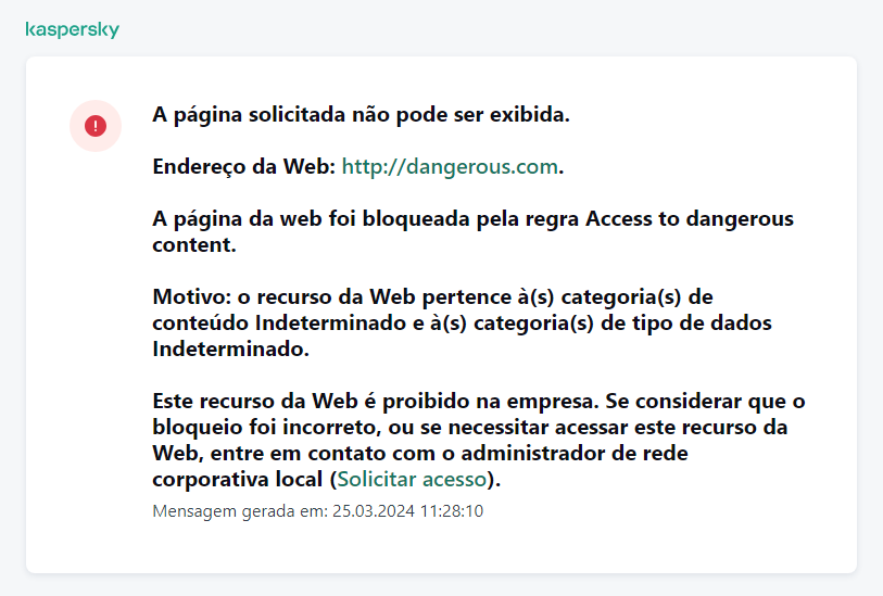 Notificação da Kaspersky sobre o bloqueio de acesso à página da Web na janela do navegador. O usuário pode criar uma solicitação para acessar o recurso da Web.