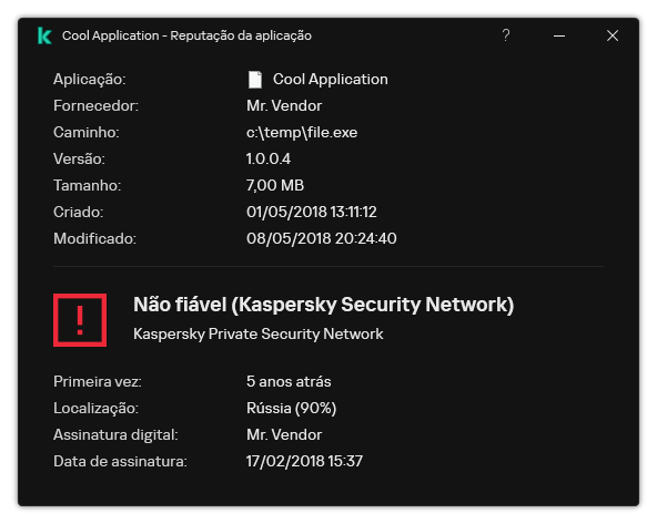 A janela contém informações sobre a reputação do ficheiro e outros dados, como a presença de uma assinatura digital.