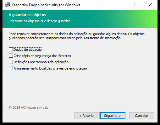 Janela de instalação com uma lista dos objetos que podem ser guardados após a remoção da aplicação.