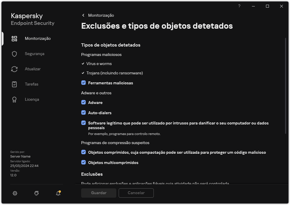 Janela de definições de exclusão. O utilizador pode selecionar tipos de objetos detetados e adicionar objetos às exclusões.