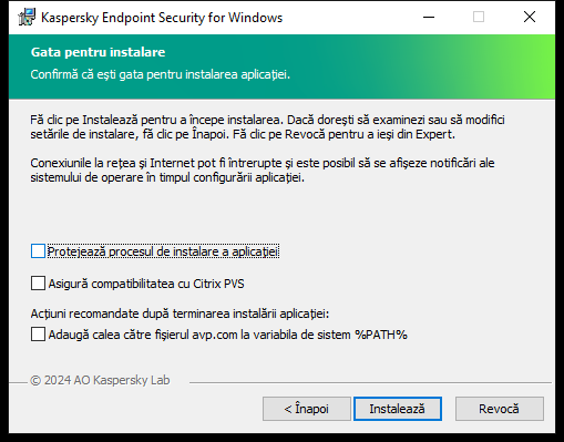 Fereastra cu setările de instalare: protecție la instalare, compatibilitate cu Citrix PVS, variabilă de sistem pentru avp.com.