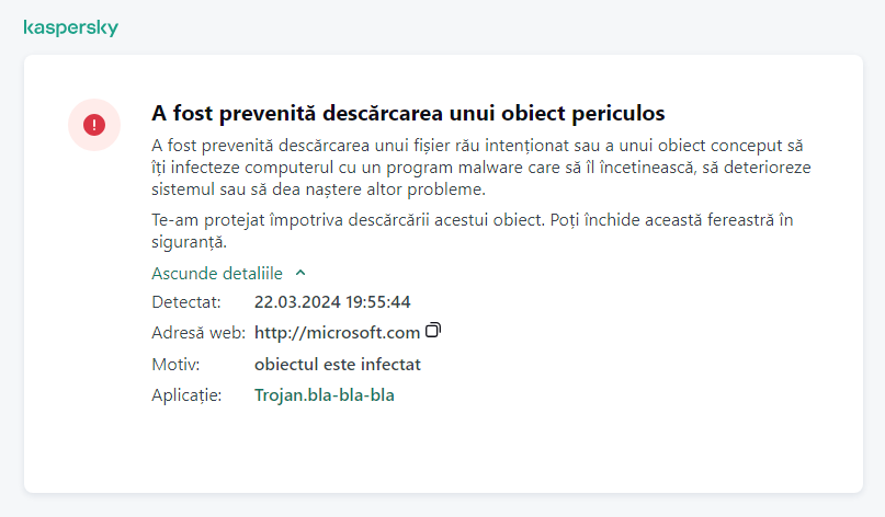 Notificare Kaspersky despre prevenirea încărcării obiectelor rău intenționate în fereastra browserului.