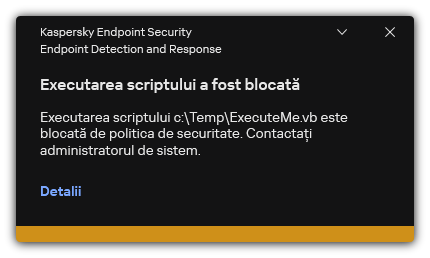 Notificare despre executarea scriptului blocat. Utilizatorul poate vizualiza informații detaliate despre regulă.
