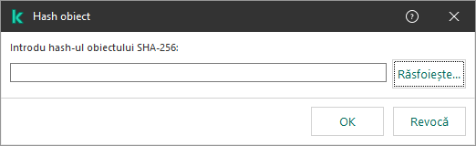 O fereastră cu un câmp pentru introducerea sumei hash a obiectului. Utilizatorul poate selecta un obiect folosind managerul de fișiere.