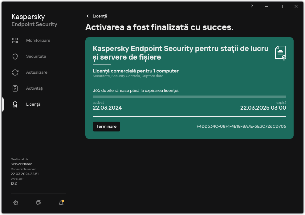 Fereastra conține informații despre licență: data expirării, funcțiile disponibile și alte informații.