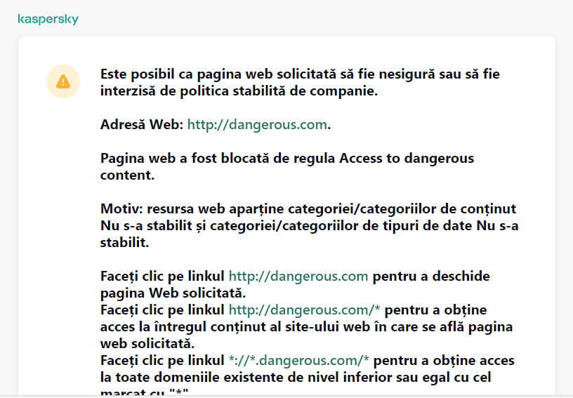 Notificare Kaspersky despre vizitarea unei pagini web nesigure în fereastra browserului. Utilizatorul poate crea o solicitare de accesare a resursei web.