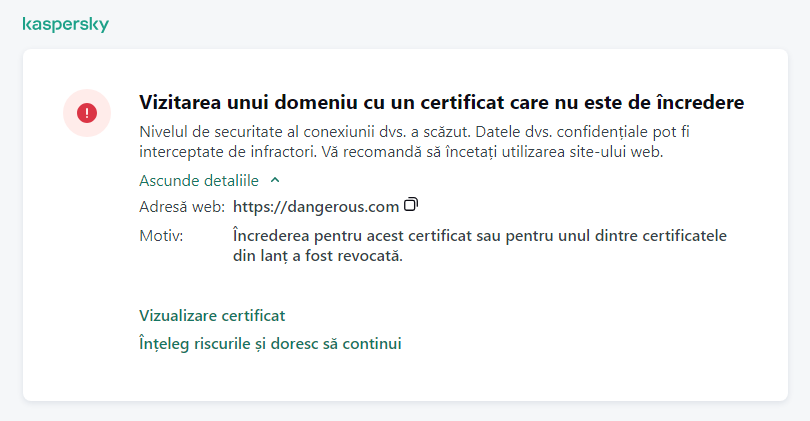Notificare Kaspersky despre vizitarea unui domeniu cu un certificat care nu este de încredere în fereastra browserului. Utilizatorul poate continua lucrul.