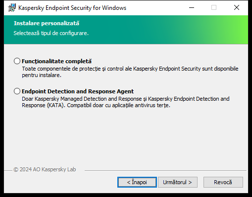 Fereastra programului de instalare cu configurarea aplicației: funcționalitate completă sau Agent Endpoint Detection and Response.