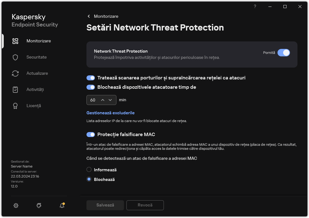 Fereastra de setări Network Threat Protection
