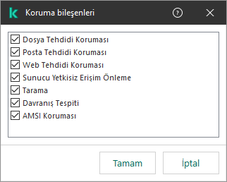 Uygulama bileşenlerinin listesini içeren bir pencere. İstisna, yalnızca seçilen bileşenlerin çalışması için geçerlidir.