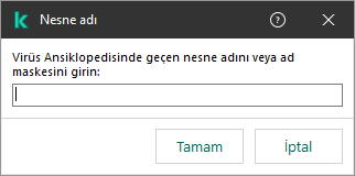 Kaspersky Virüs Ansiklopedisi sınıflandırmasına göre nesne adı veya ad maskesi girmek için alana sahip bir pencere.