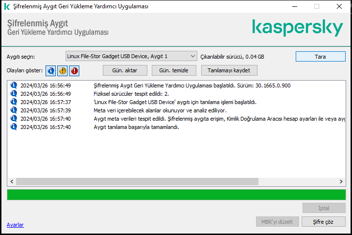 Yardımcı program olaylarının listesini içeren bir pencere. Kullanıcı tanılamayı çalıştırabilir ve seçilen cihazın şifresini çözebilir.