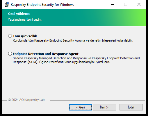 Uygulamanın yapılandırmasını içeren yükleyici penceresi: tam işlevsellik veya Endpoint Detection and Response Agent.