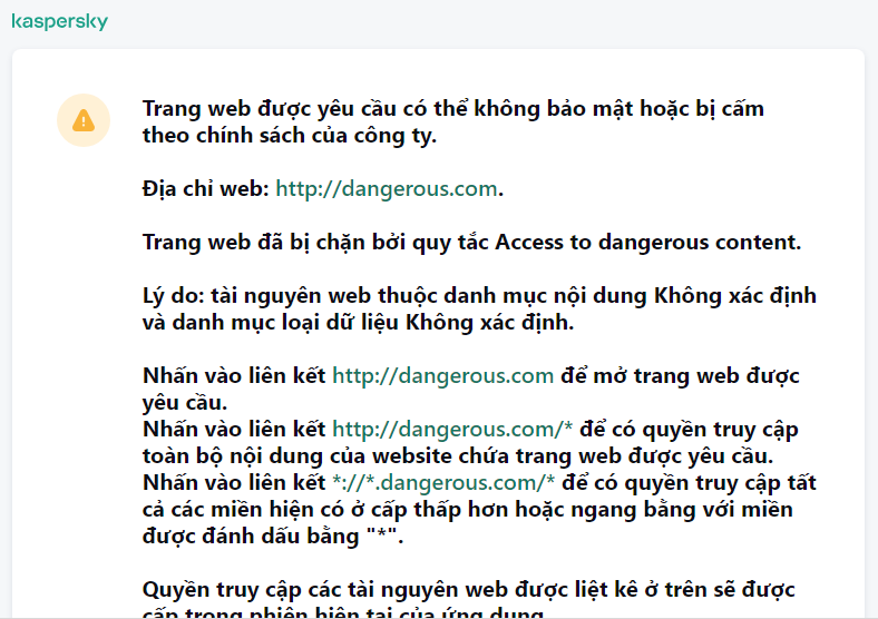 Thông báo của Kaspersky về việc truy cập một trang web có thể không bảo mật trong cửa sổ trình duyệt. Người dùng có thể tạo một yêu cầu truy cập tài nguyên web.