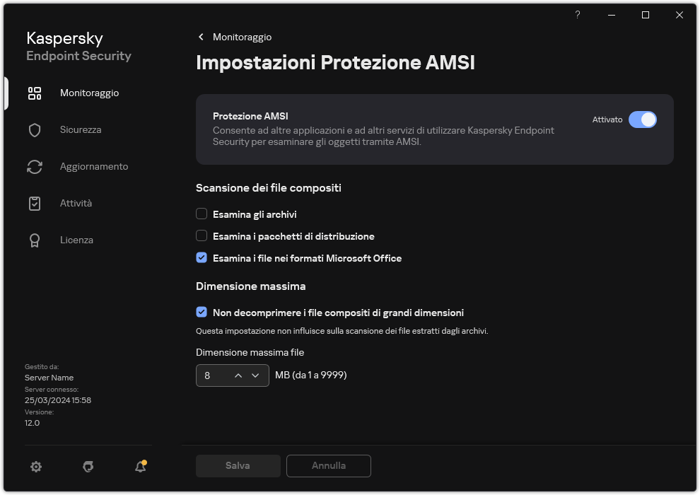 Finestra Impostazioni Protezione AMSI.