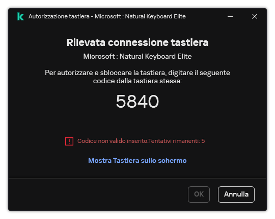 La finestra con il codice di autorizzazione della tastiera. L'utente può attivare la tastiera su schermo e immettere il codice.