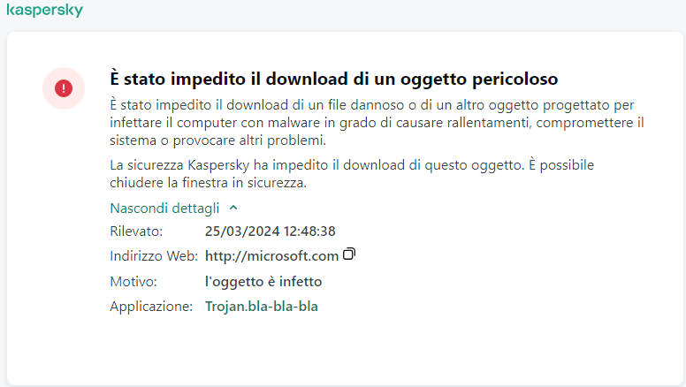 Notifica di Kaspersky sulla prevenzione del caricamento di oggetti dannosi nella finestra del browser.