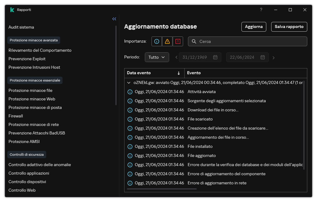 Una finestra con l'elenco degli eventi nel rapporto. L'utente può filtrare/ordinare gli eventi e salvare i rapporti in un file.