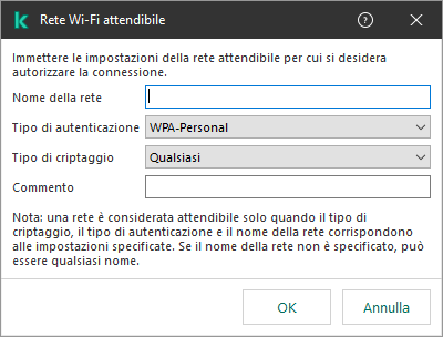 La finestra contiene le impostazioni della rete Wi-Fi attendibile.