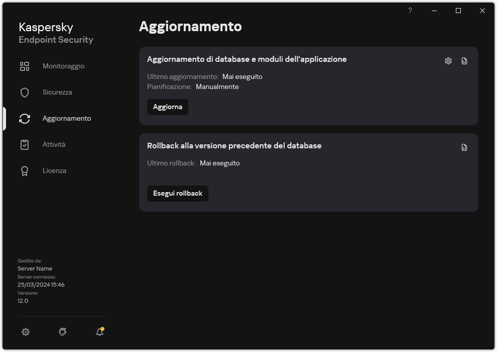 Una finestra con l'elenco delle attività di aggiornamento locali. L'utente può avviare l'aggiornamento dei database e dei moduli dell'applicazione, nonché eseguire il rollback dell'ultimo aggiornamento.