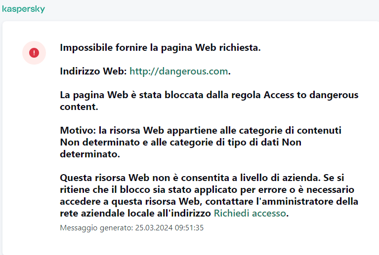 Notifica di Kaspersky relativa al blocco dell'accesso alla pagina Web nella finestra del browser. L'utente può creare una richiesta per accedere alla risorsa Web.