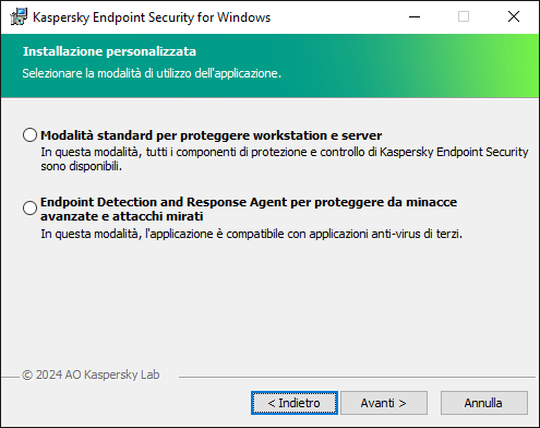 Finestra del programma di installazione con configurazione dell'applicazione: funzionalità complete o Endpoint Detection and Response Agent.