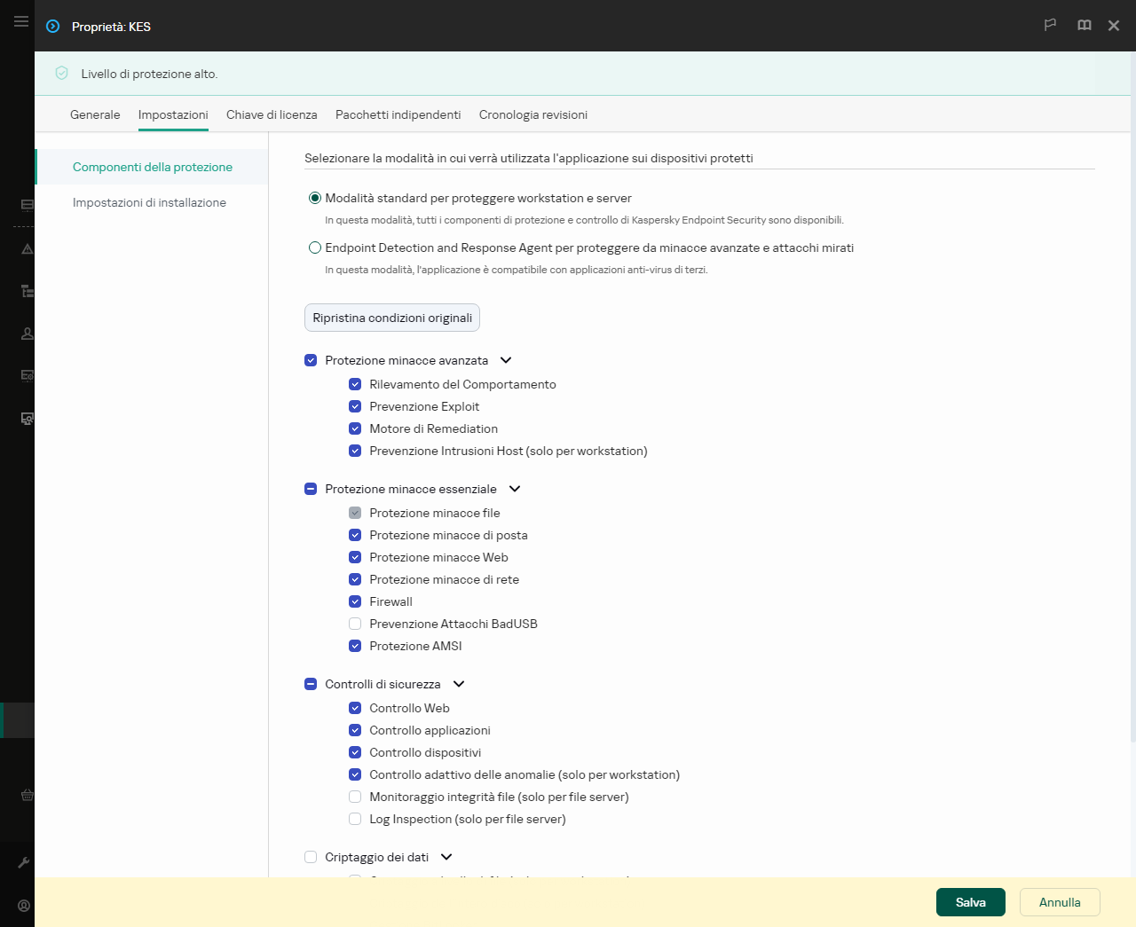 Finestra delle proprietà del pacchetto di installazione. È possibile selezionare i componenti dell'applicazione che si desidera includere.