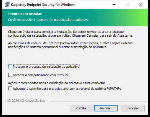 Janela de configurações de instalação: proteção de instalação, compatibilidade com Citrix PVS, variável de sistema para avp.com.