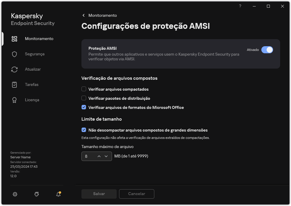 Janela Configurações de Proteção AMSI.