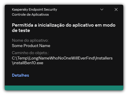 Notificação de que a inicialização do aplicativo é permitida em modo de teste. O usuário pode visualizar as informações detalhadas sobre a regra.