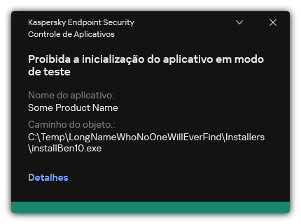 Notificação de que a inicialização do aplicativo é proibida em modo de teste. O usuário pode visualizar as informações detalhadas sobre a regra.