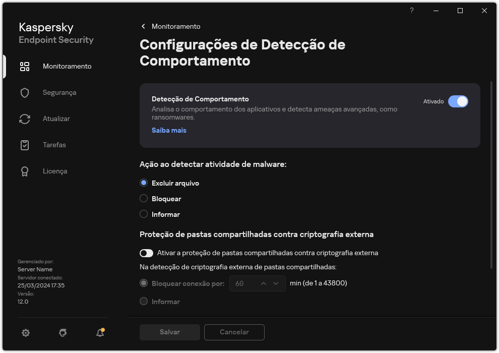 Janela Configurações de Detecção de Comportamento.