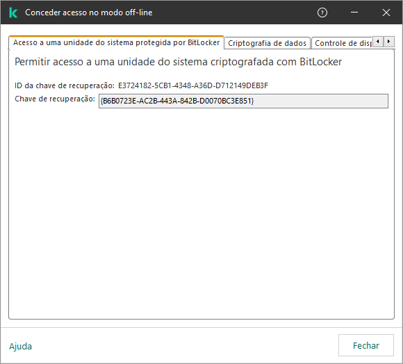 Uma janela com a chave para restaurar o acesso à unidade criptografada do sistema.