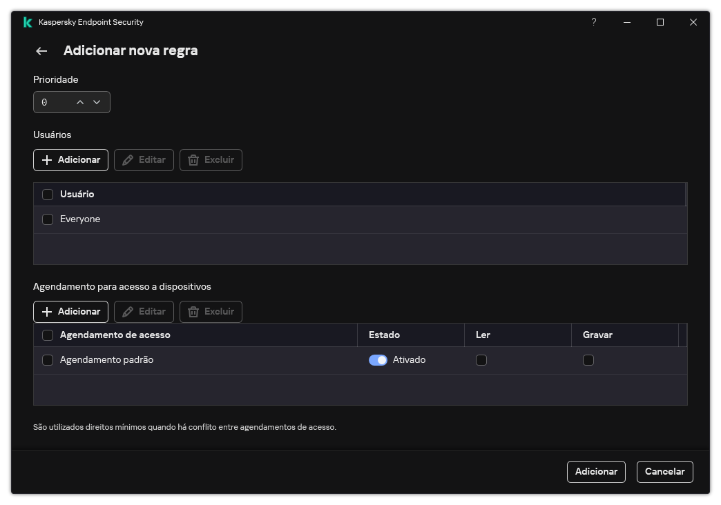 Janela Configuração da Regra de Controle de Dispositivos. O usuário pode atribuir a prioridade da regra, adicionar usuários à regra e definir o agendamento da regra.