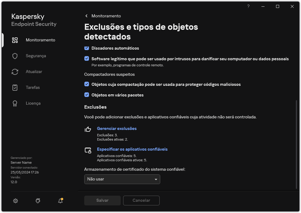 Janela Configurações de exclusão. O usuário pode adicionar exclusões e aplicativos confiáveis.
