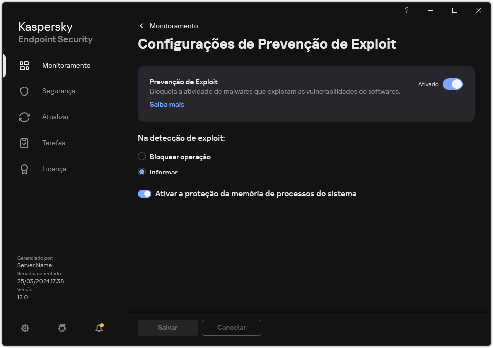 Janela Configurações de prevenção de exploit